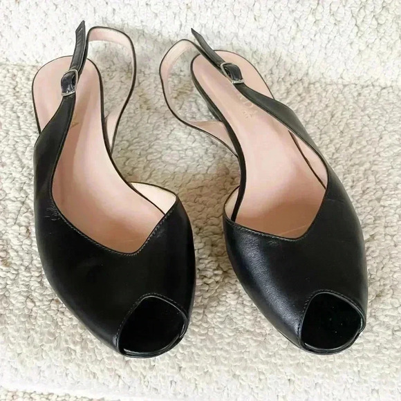 Varda Black Leather Peep Toe Sling Back Heel - Picture 1 of 8